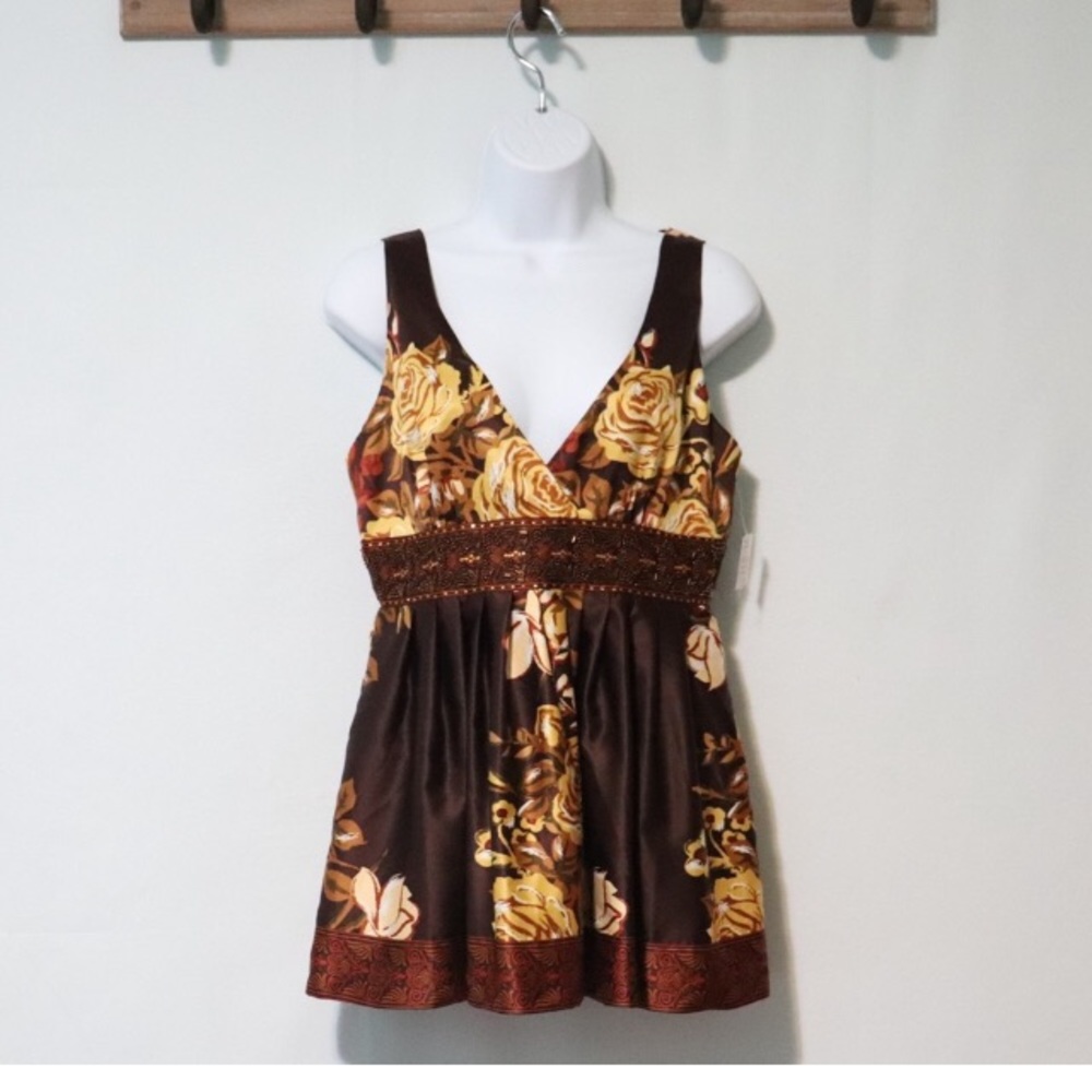 NWT Forever 21 brown floral faux wrap beaded satin top Sz medium